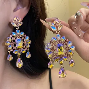Vintage Alloy Rhinestone Flower Water Drop Pendant Earrings Luxury Silver Earring Post For Women Banquet Party Jewelry