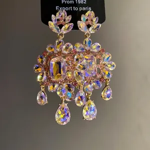 Vintage floral earrings with iridescent crystals and teardrop pendants in luxury style