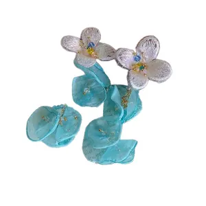 Exquisite chiffon flower tassel earrings with silver needle for summer holiday style