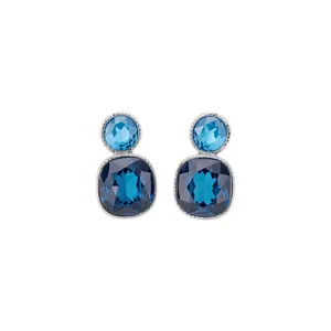 Elegant silver needle stud earrings with square blue crystal pendants for a luxury look