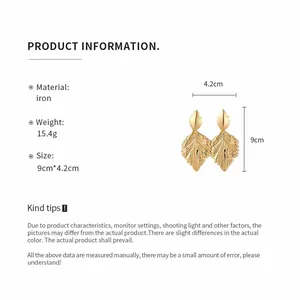 Detailed product specifications for golden wrinkled leaf drop earrings in iron material.