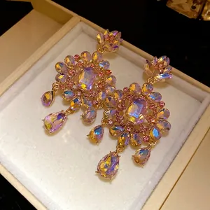 Vintage floral teardrop dangle earrings with iridescent rhinestones and luxury finish