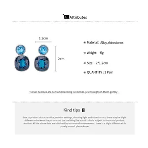 Elegant blue crystal square stud earrings with detailed size and material specifications