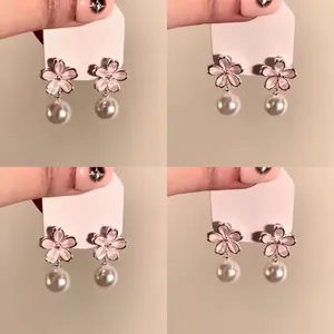 Elegant Alloy Flower Artificial Pearl Dangle Earrings for Women Pink Blue Floral Petal Drop Earrings Silver Earring Post Jewelry