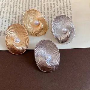18K Gold Plated Copper Oval Radiating Pattern Stud Earrings With Artificial Pearl Luxury Fashion Jewelry For Women