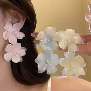 Handmade Fabric Flower Drop Earrings For Women Elegant Chiffon Petal Rhinestone Earrings Long Beach Vacation Jewelry Gift