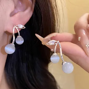 Luxury Cherry Pendant Stud Earrings For Women With 925 Sterling Silver Earring Post Zirconia Cat's Eye Stone Earrings High-end Fashion Jewelry Gift