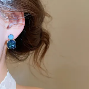 Elegant blue faceted square stud earrings for women with a Korean minimalist style