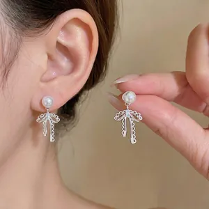 French Style Bow Knot Artificial Pearl Stud Earrings With 925 Sterling Silver Earring Post Elegant Hollow Rhinestone Earrings For Women Jewelry