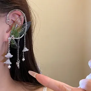 Mori style fairy wing ear cuff with resin flowers and pearls for women