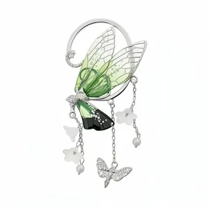 Elegant forest-style green resin wing earrings with white flower and pearl pendants