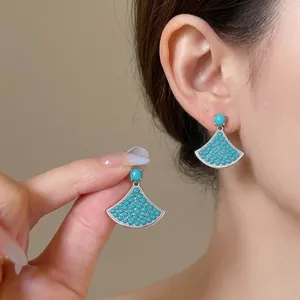 Luxury Copper Zirconia Fan-Shaped Stud Earrings With 925 Sterling Silver Earring Post Blue Niche Design High-end Women Jewelry