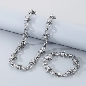 Punk style silver barbed wire titanium steel necklace and bracelet jewelry set for men and women