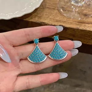 Elegant turquoise zircon fan-shaped drop earrings with silver needle, luxury style for women