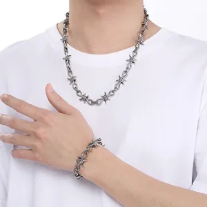 Punk style barbed wire titanium steel necklace and bracelet jewelry set for men and women