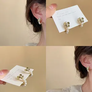 French Elegant Floral Enamel Stud Earrings For Women Gold Plated Copper Pearl Zirconia Flower Ear Jewelry For Daily Date