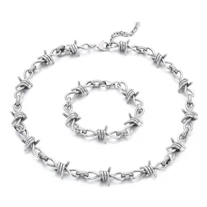 Punk style stainless steel barbed wire necklace and bracelet jewelry set for men and women