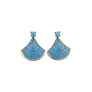 Elegant fan-shaped gold-plated stud earrings with vibrant turquoise stones for women