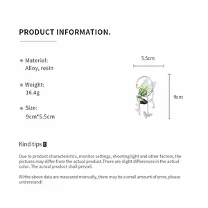 Detailed product information and size specifications for resin wing drop earrings with butterfly charm