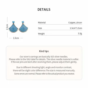 Blue zircon fan-shaped stud earrings detail showing 1.5cm size and copper material