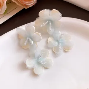 Detail view of light blue and white mesh flower earrings with bead accents.