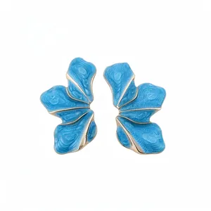 Elegant light blue enamel flower stud earrings with gold-tone alloy textured petals