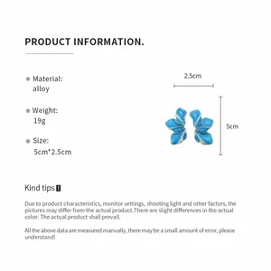 Blue floral alloy stud earrings with detailed size and weight specifications