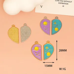 Detail view of cartoon best friend split heart pendants with 28mm and 15mm labels