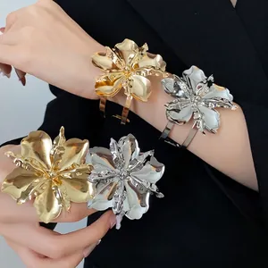 Statement oversized metallic flower open cuff bracelets in gold and silver finish