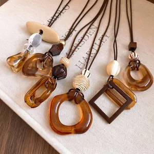 Vintage Resin Oval Pendant Necklace For Women Handmade Leather Rope Long Sweater Chain Bohemian Geometric Jewelry Gift