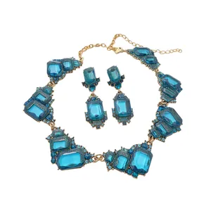 Vintage palace style blue crystal geometric necklace and earrings jewelry set for women