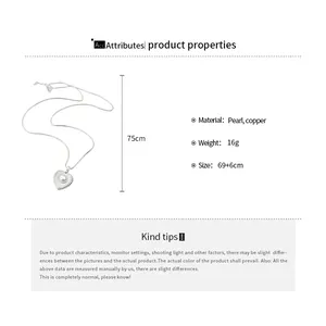 Detailed view of a silver heart necklace with pearl inlay and product specs for women.
