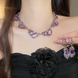 Exquisite vintage style purple geometric crystal necklace and earring jewelry set