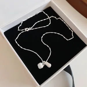 Detailed view of an elegant silver necklace with peanut and heart pendants in a gift box