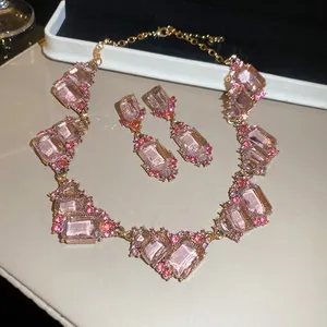 Elegant vintage court style pink crystal geometric necklace and earring jewelry set