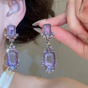 Exquisite vintage palace style purple geometric crystal dangle earrings for women