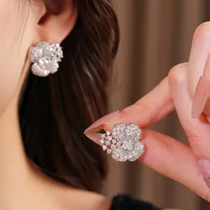 Elegant silver needle zircon flower stud earrings for women luxury aesthetic design jewelry