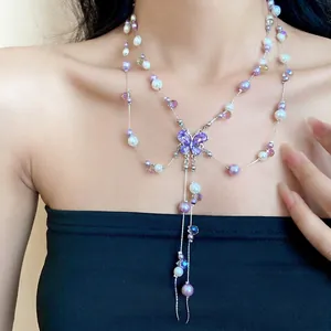 Französische Leichte Luxus Doppelschichtige Künstliche Perle Kristall Schmetterling Anhänger Halskette Strass Quaste Schlüsselbeinkette Damen Schmuck