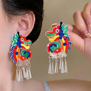 Ethnic Knitted Dragon Tassel Ear Clip Iron Embroidery Colorful New Chinese Style Animal Jewelry For Women Non Pierced
