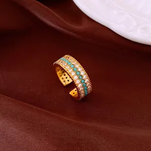 Vintage Copper Zirconia Open Ring For Women Luxurious Fashion Inlaid Turquoise Style Beads Adjustable Index Finger Ring Jewelry Gift