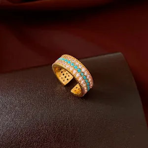 Exquisite vintage gold-plated open ring with zircon and turquoise stone details