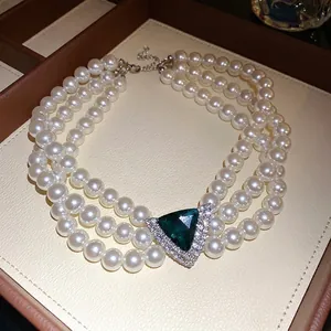 Vintage 3-layer pearl choker necklace with emerald triangle crystal pendant