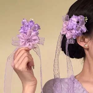 Women Elegant Fabric Chiffon Flower Tassel Hair Clip Rhinestone Ribbon Bow Duckbill Clip Sweet Floral Hair Accessories Wedding Jewelry