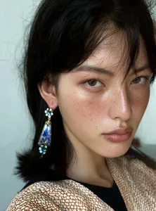 Close-up of vintage palace style resin floral earrings with blue rhinestones on model