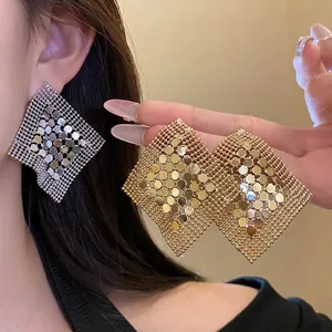 European Fashion Geometric Sequin Tassel Drop Earrings For Women Exaggerated Copper Metal Mesh Square Rhombus Style Jewelry