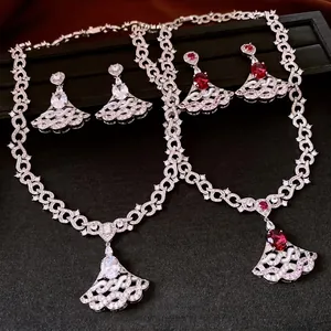 European Style Copper Zirconia Fan-Shaped Pendant Necklace Earrings Set Vintage Court Luxury Fashion Clavicle Chain For Women Jewelry
