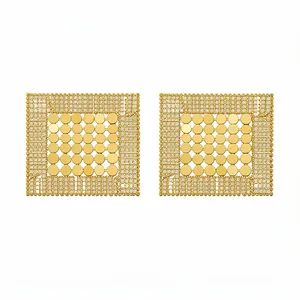Exaggerated geometric gold square earrings with sequin grid and fringe detail
