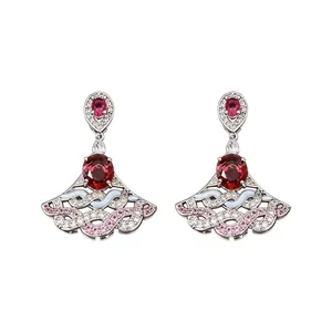 Elegant fan-shaped zircon dangle earrings with red oval stones and wavy enamel detail