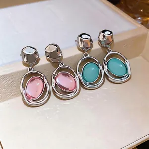 Luxury Korean style silver finish dangling earrings featuring pink and turquoise oval stones