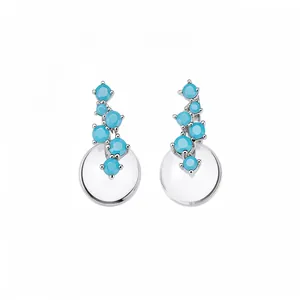Silver needle earrings with blue zircon and clear resin round pendant